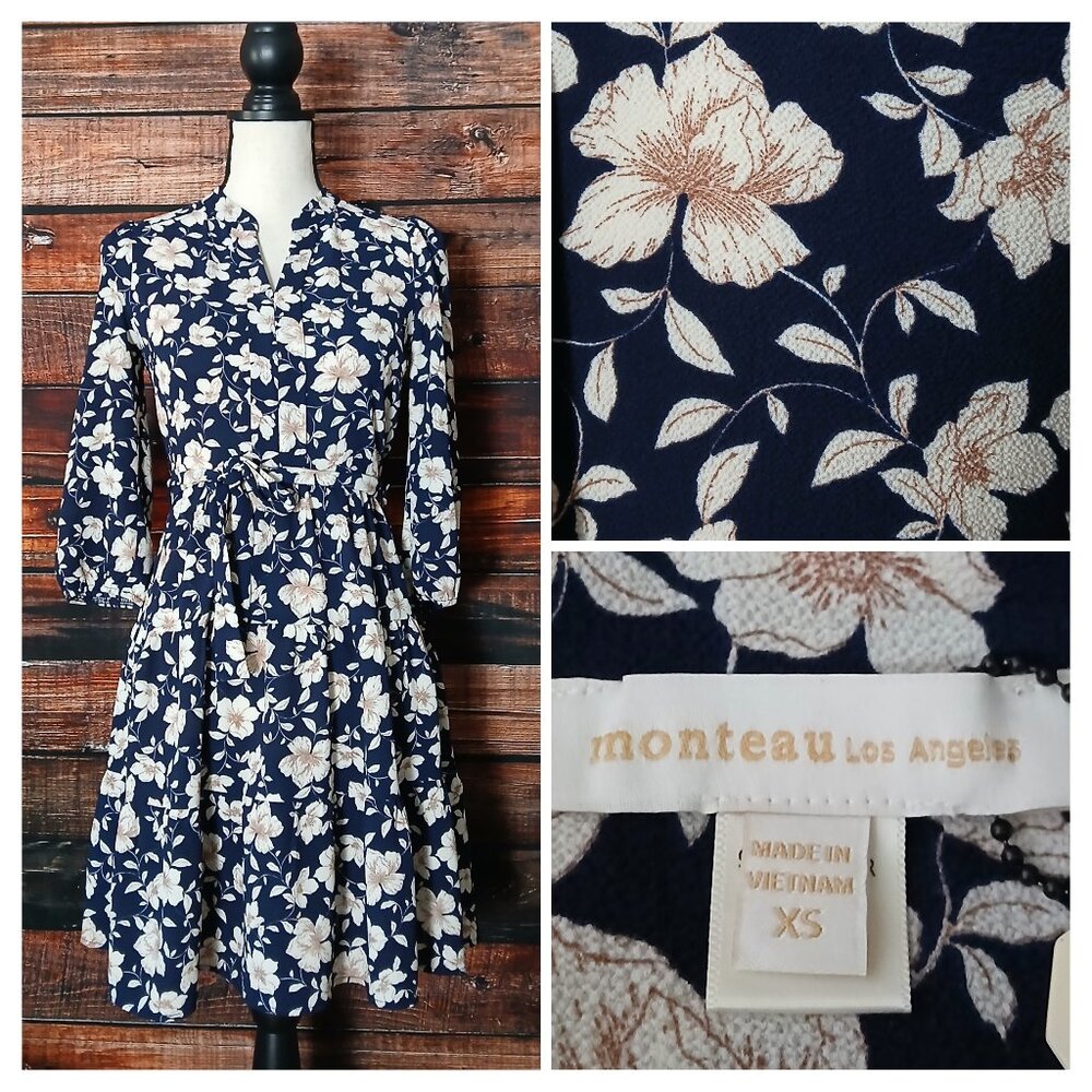 NWT Monteau Dress XS Belted Navy Blue Floral Fit & Flare